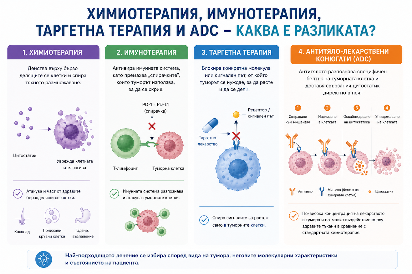 Химиотерапия, имунотерапия, таргетна терапия и ADC - каква е разликата?